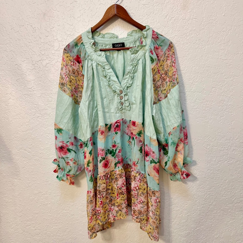 Gigio USA Floral Patchwork Tunic Top Green Boho Ruffle Blouse Medium Sheer - Picture 2 of 8